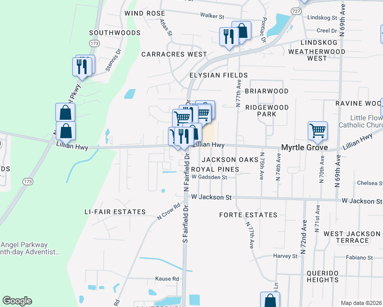map of restaurants, bars, coffee shops, grocery stores, and more near 735 North 80th Avenue in Pensacola