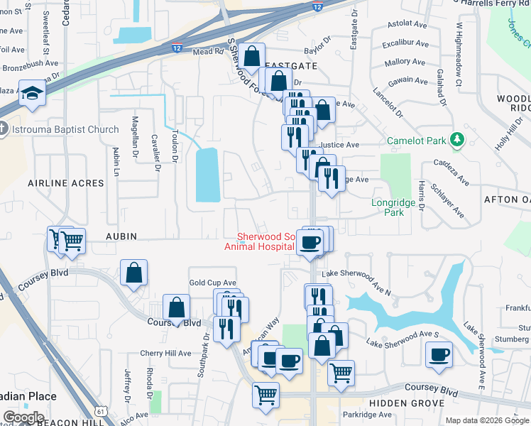 map of restaurants, bars, coffee shops, grocery stores, and more near 11550 Southfork Avenue in Baton Rouge
