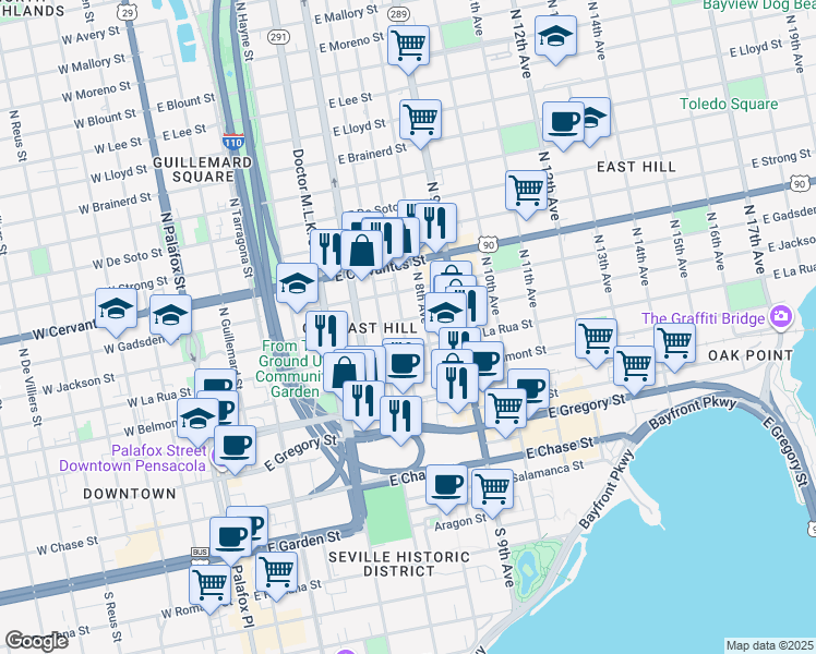 map of restaurants, bars, coffee shops, grocery stores, and more near 706 East La Rua Street in Pensacola