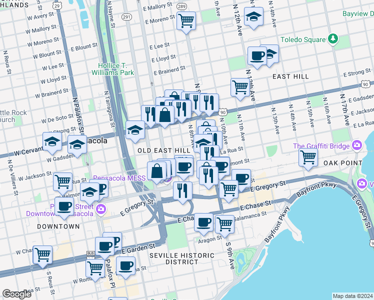 map of restaurants, bars, coffee shops, grocery stores, and more near 706 East La Rua Street in Pensacola