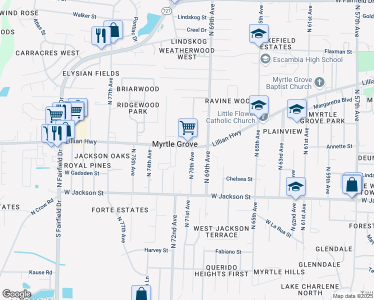 map of restaurants, bars, coffee shops, grocery stores, and more near 730 North 70th Avenue in Pensacola