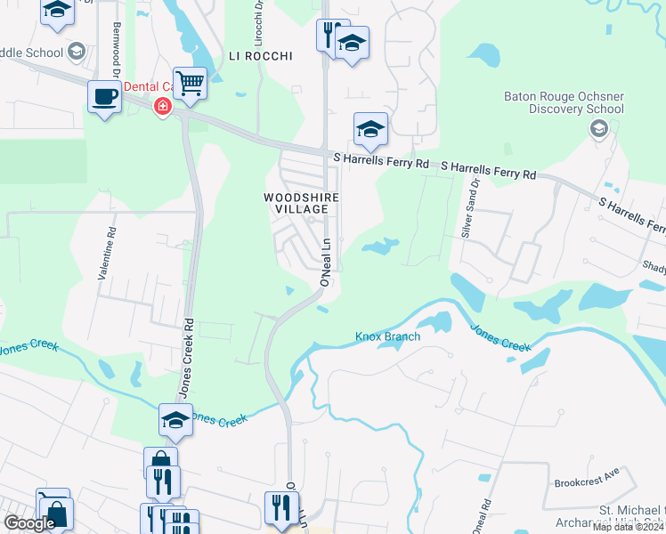 map of restaurants, bars, coffee shops, grocery stores, and more near 3655 O'Neal Lane in Baton Rouge