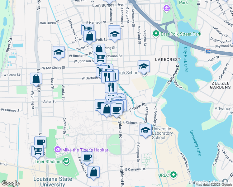 map of restaurants, bars, coffee shops, grocery stores, and more near in Baton Rouge