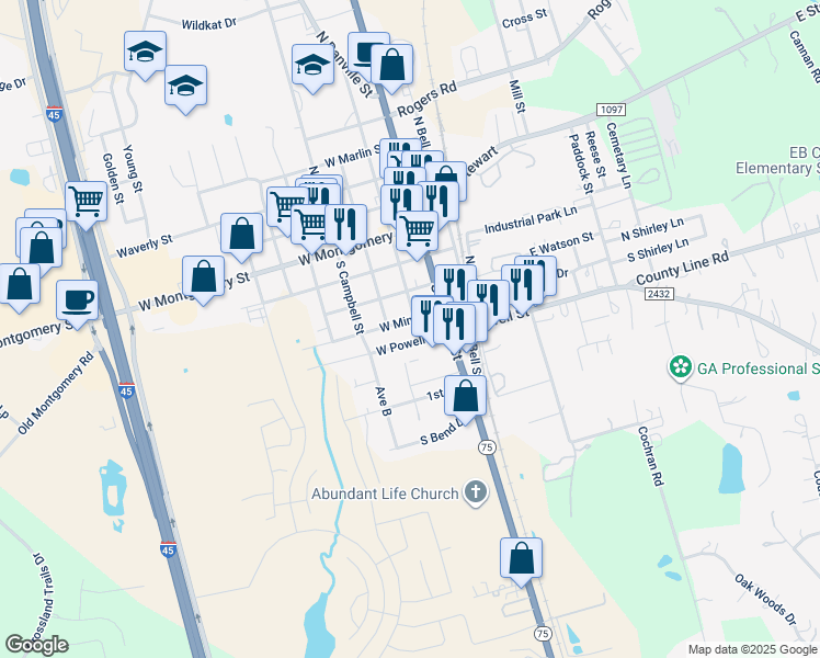 map of restaurants, bars, coffee shops, grocery stores, and more near 109 West Powell Street in Willis