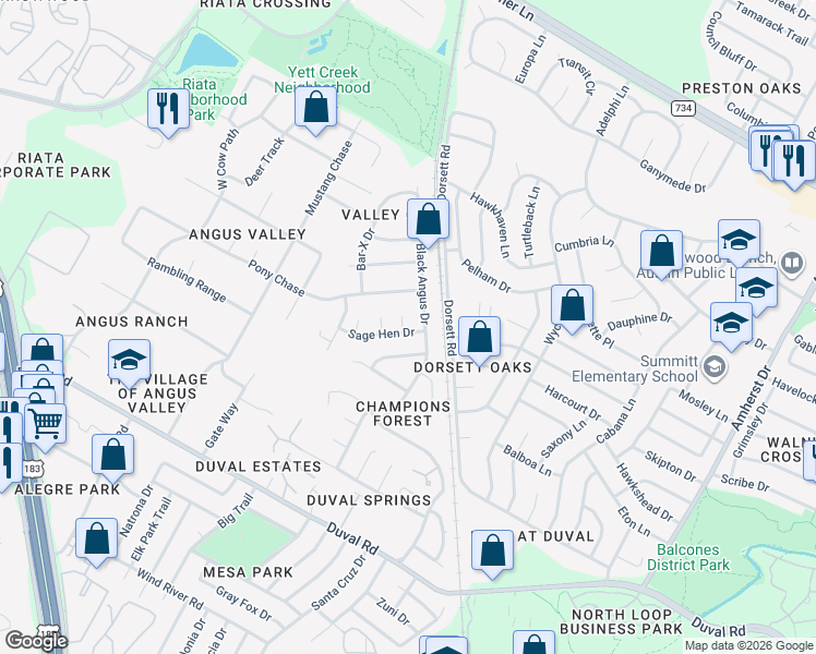 map of restaurants, bars, coffee shops, grocery stores, and more near 4704 Rustown Drive in Austin