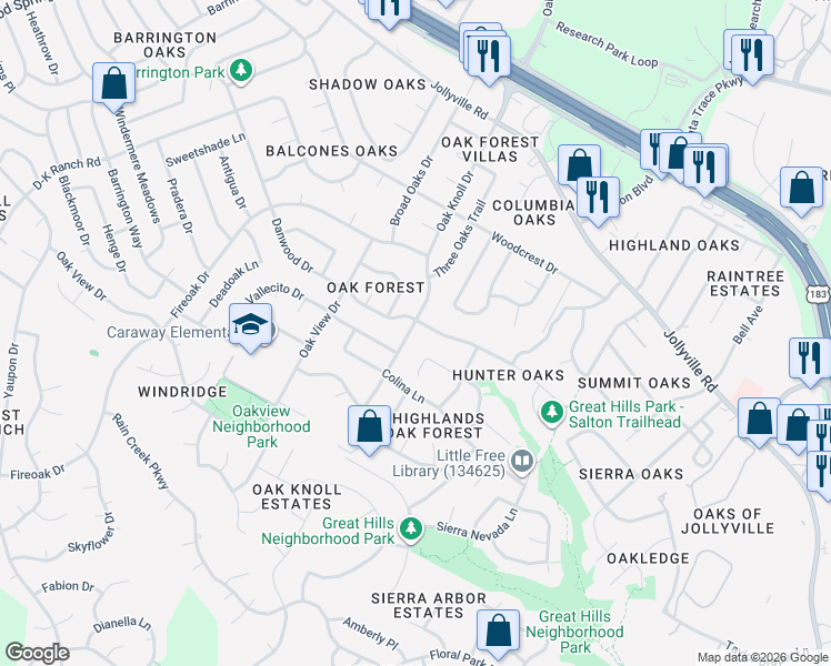 map of restaurants, bars, coffee shops, grocery stores, and more near 6502 Harrogate Drive in Austin