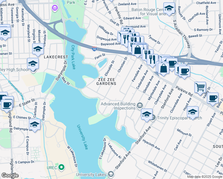 map of restaurants, bars, coffee shops, grocery stores, and more near 2909 Morning Glory Avenue in Baton Rouge