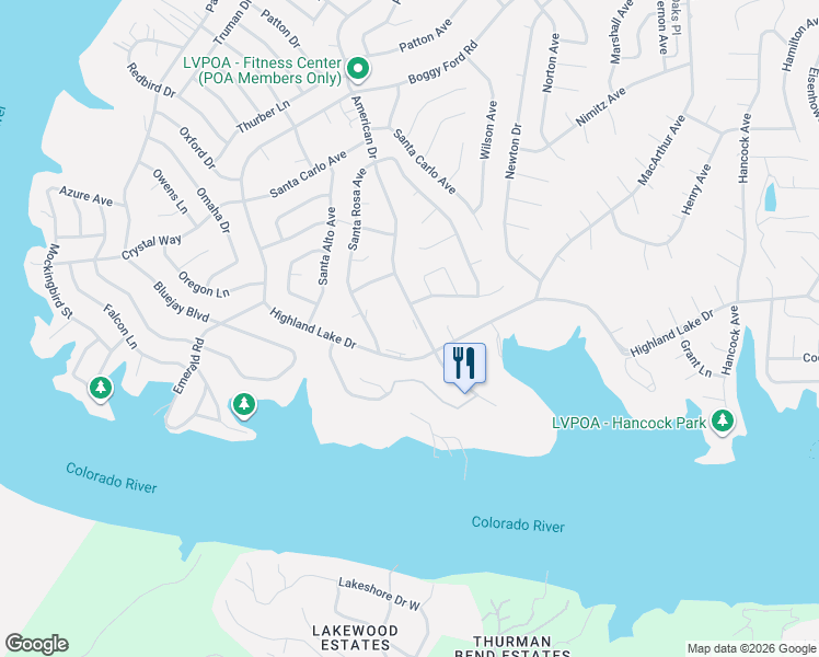 map of restaurants, bars, coffee shops, grocery stores, and more near 2008 American Drive in Lago Vista
