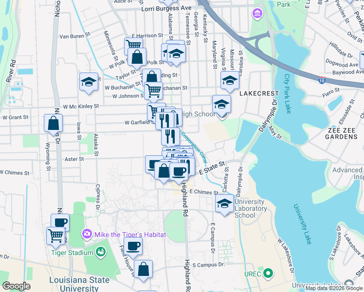 map of restaurants, bars, coffee shops, grocery stores, and more near 3135 Highland Road in Baton Rouge