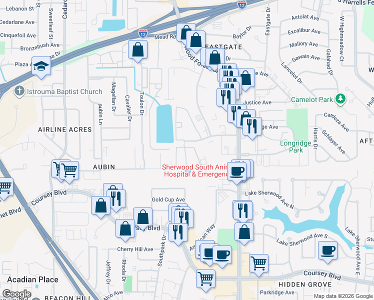 map of restaurants, bars, coffee shops, grocery stores, and more near 11515 Cottagecreek Road in Baton Rouge