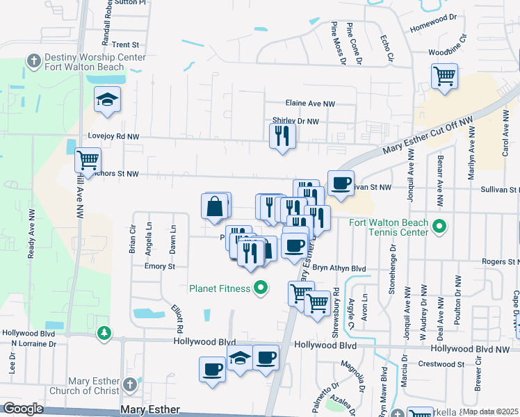 map of restaurants, bars, coffee shops, grocery stores, and more near 63 Ruby Circle in Mary Esther