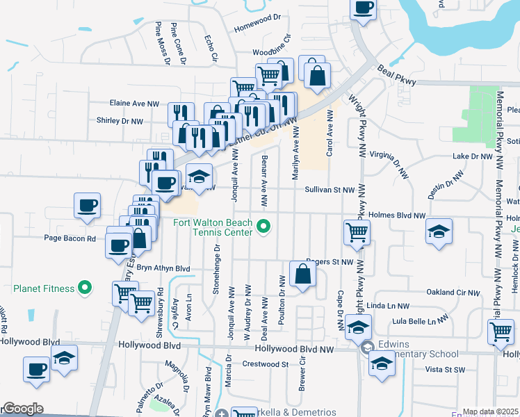 map of restaurants, bars, coffee shops, grocery stores, and more near 58 West Audrey Drive Northwest in Fort Walton Beach