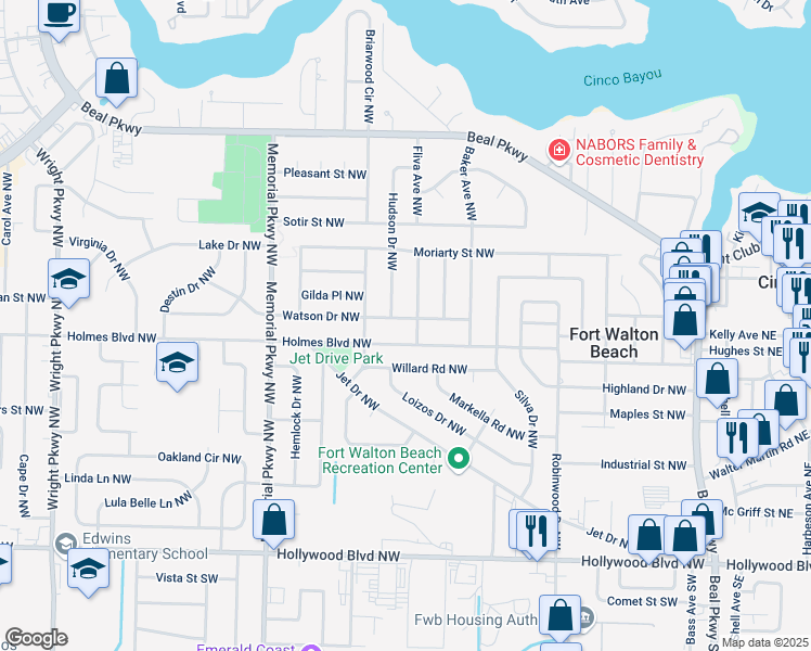 map of restaurants, bars, coffee shops, grocery stores, and more near 202 Watson Drive Northwest in Fort Walton Beach