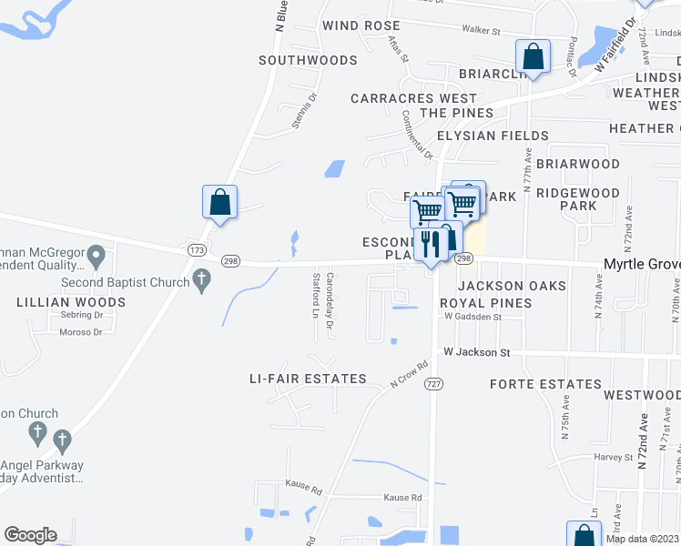 map of restaurants, bars, coffee shops, grocery stores, and more near 734 Carondelay Drive in Pensacola