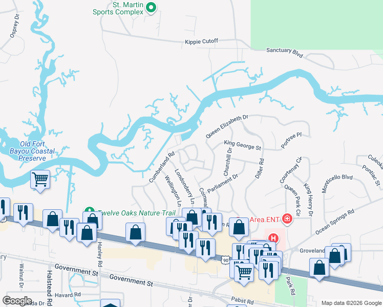 map of restaurants, bars, coffee shops, grocery stores, and more near 133 Cumberland Road in Ocean Springs