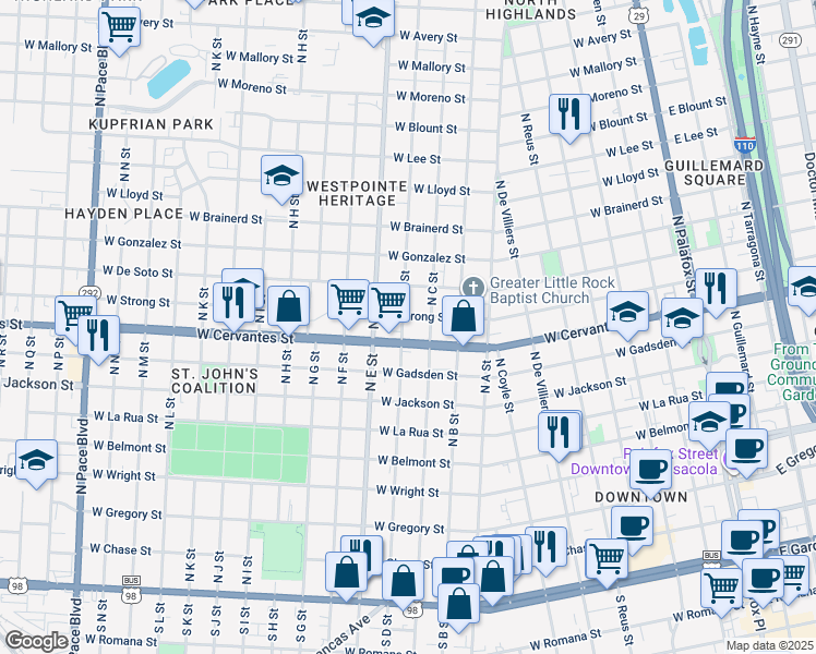 map of restaurants, bars, coffee shops, grocery stores, and more near 810 North D Street in Pensacola