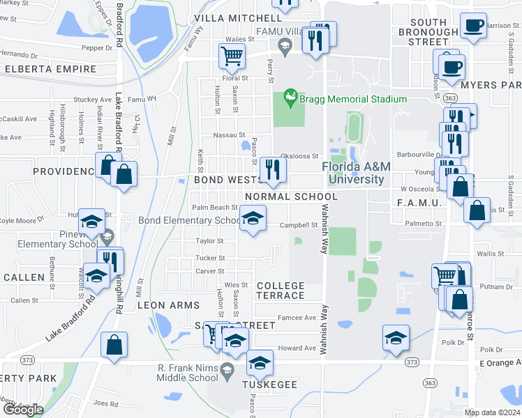 map of restaurants, bars, coffee shops, grocery stores, and more near 2147 Pasco Street in Tallahassee