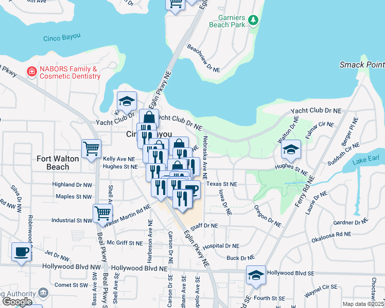 map of restaurants, bars, coffee shops, grocery stores, and more near 115 Hughes Street Northeast in Fort Walton Beach