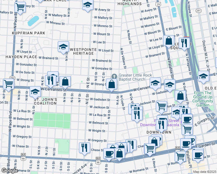 map of restaurants, bars, coffee shops, grocery stores, and more near 711 West Cervantes Street in Pensacola