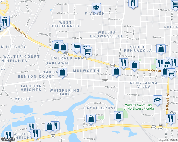 map of restaurants, bars, coffee shops, grocery stores, and more near 619 Shoemaker Street in Pensacola