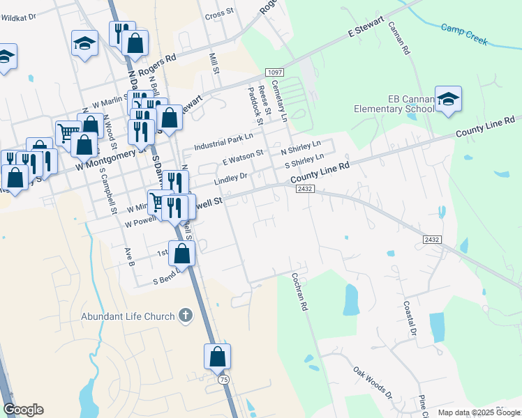 map of restaurants, bars, coffee shops, grocery stores, and more near 232 West Willwood Drive in Willis