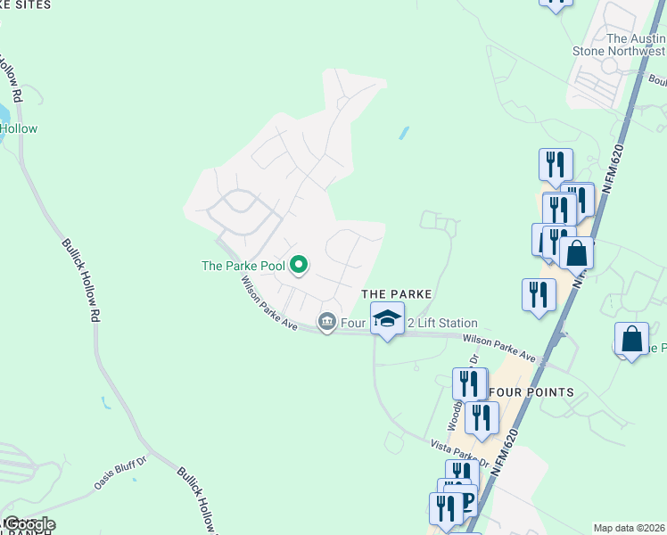 map of restaurants, bars, coffee shops, grocery stores, and more near 12204 Klondike Rush Point in Austin