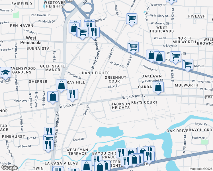 map of restaurants, bars, coffee shops, grocery stores, and more near 112 Alice Street in Pensacola