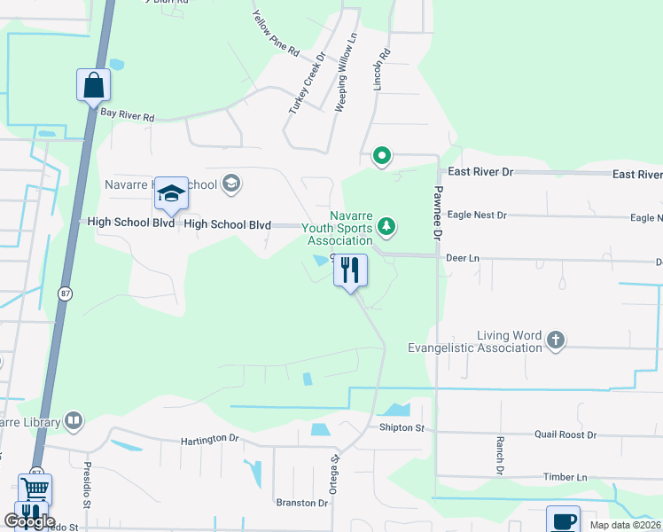 map of restaurants, bars, coffee shops, grocery stores, and more near 8720-8728 Faye Court in Navarre