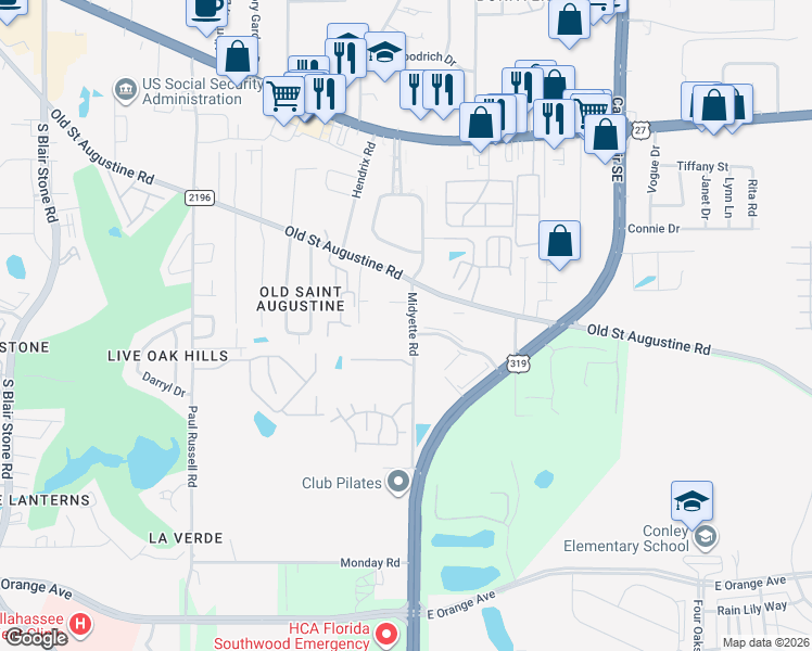 map of restaurants, bars, coffee shops, grocery stores, and more near 2014 Midyette Road in Tallahassee