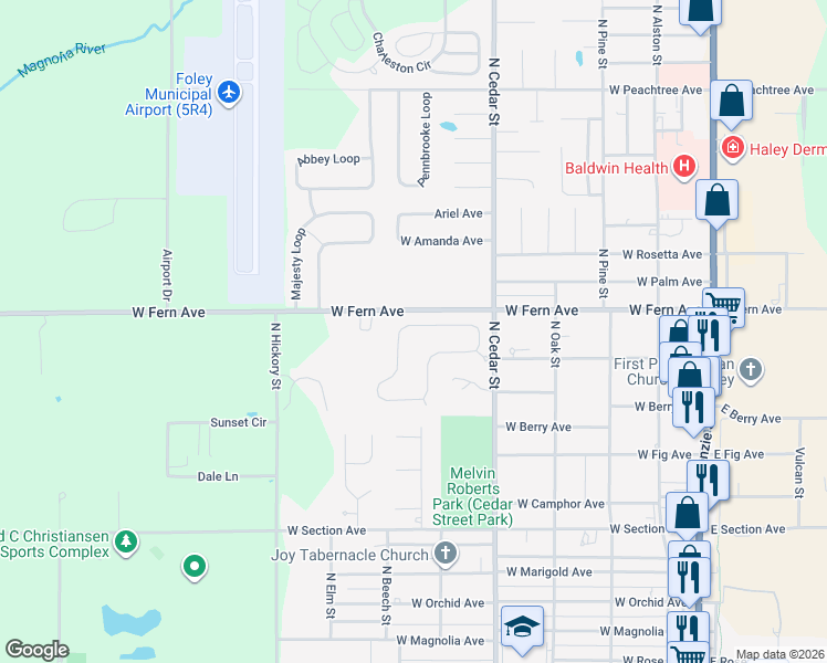map of restaurants, bars, coffee shops, grocery stores, and more near 1239 Surrey Loop in Foley