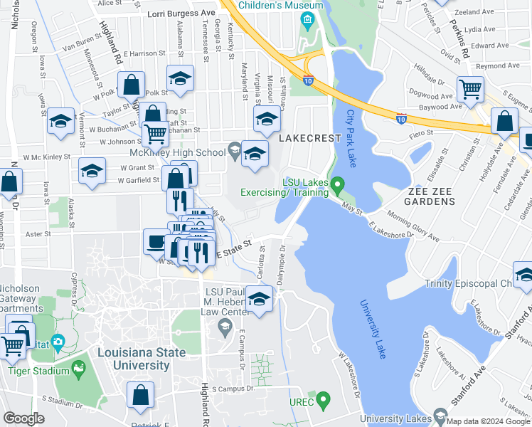 map of restaurants, bars, coffee shops, grocery stores, and more near 2800 July Street in Baton Rouge