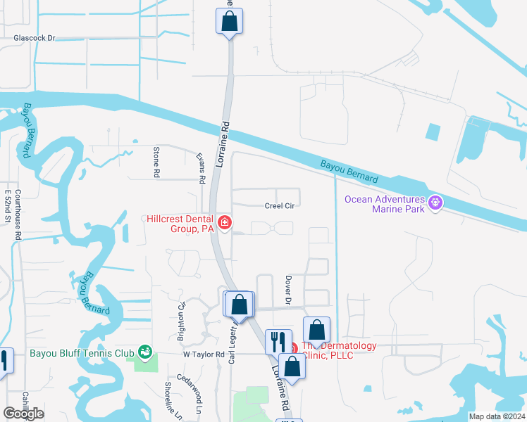 map of restaurants, bars, coffee shops, grocery stores, and more near 11344 Creel Circle in Gulfport