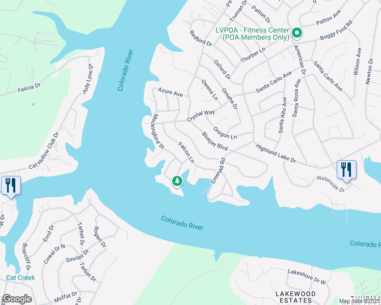 map of restaurants, bars, coffee shops, grocery stores, and more near 21606 Falcon Lane in Lago Vista