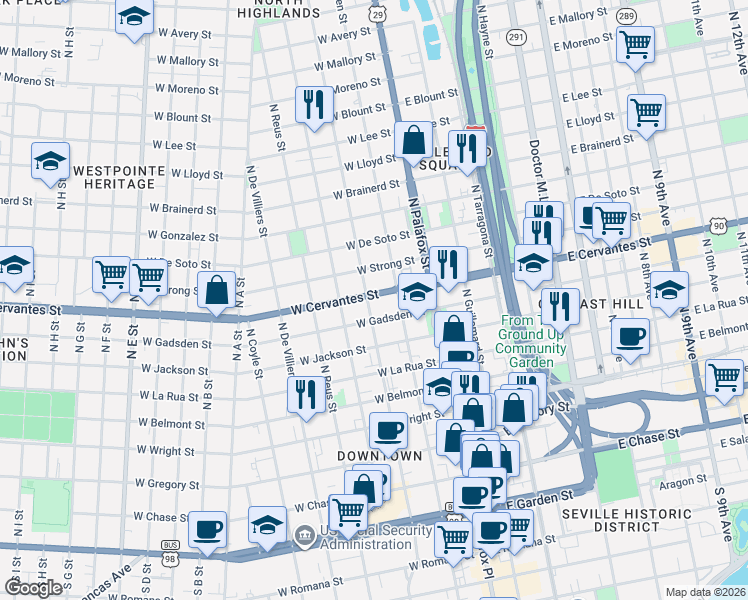 map of restaurants, bars, coffee shops, grocery stores, and more near 714 North Spring Street in Pensacola
