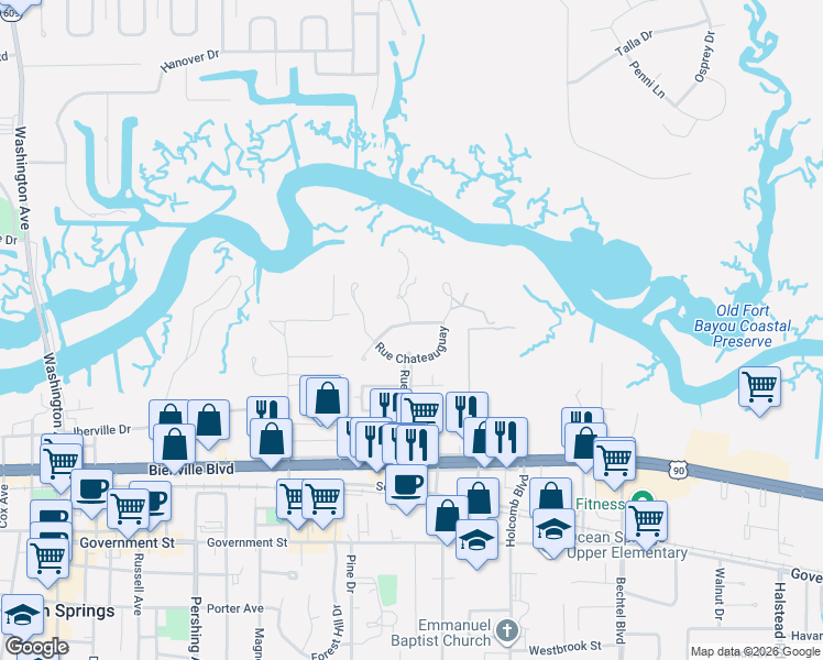 map of restaurants, bars, coffee shops, grocery stores, and more near 509 Rue Chateauguay in Ocean Springs