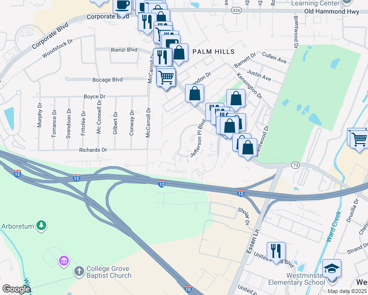map of restaurants, bars, coffee shops, grocery stores, and more near 7732 Jefferson Place Boulevard in Baton Rouge