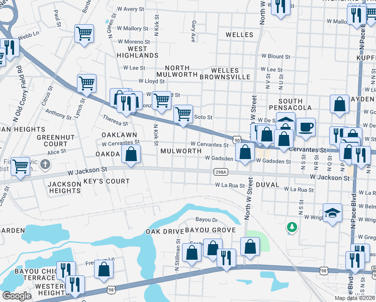 map of restaurants, bars, coffee shops, grocery stores, and more near 619 Shoemaker Street in Pensacola