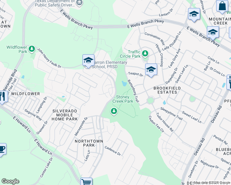 map of restaurants, bars, coffee shops, grocery stores, and more near 14408 Harris Ridge Boulevard in Pflugerville