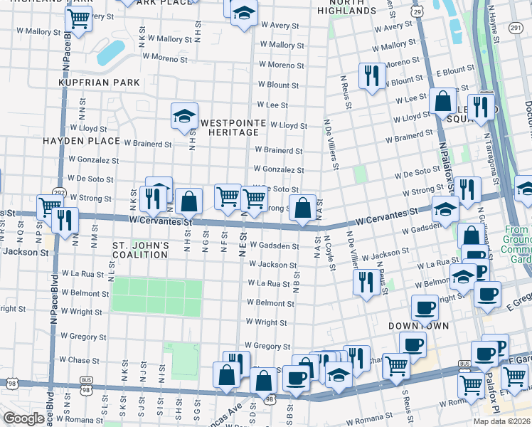 map of restaurants, bars, coffee shops, grocery stores, and more near 812 North D Street in Pensacola