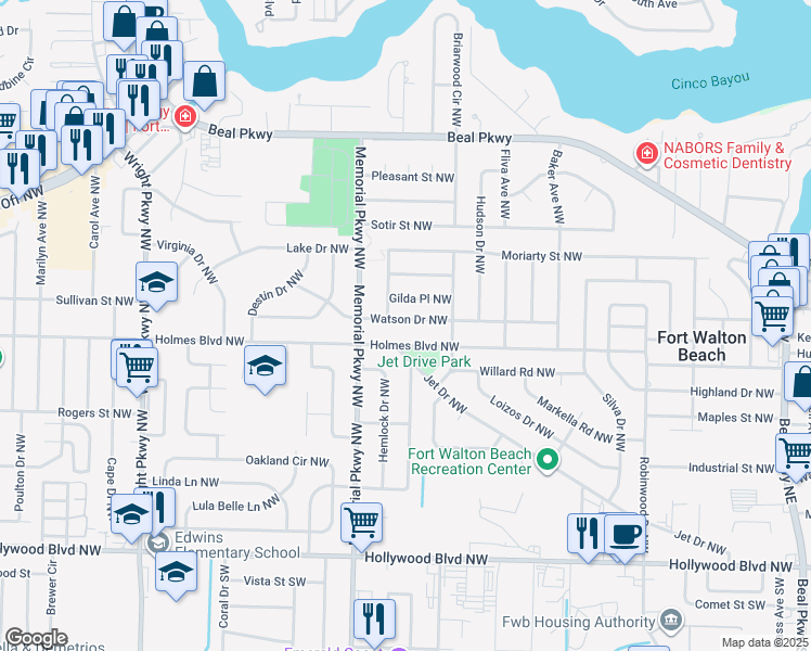 map of restaurants, bars, coffee shops, grocery stores, and more near 228 Watson Drive Northwest in Fort Walton Beach