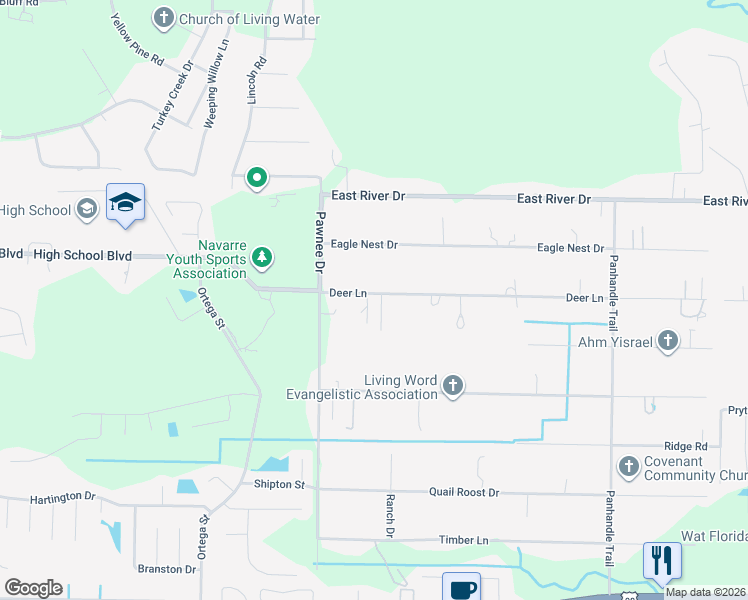 map of restaurants, bars, coffee shops, grocery stores, and more near 8938 Deer Lane in Navarre