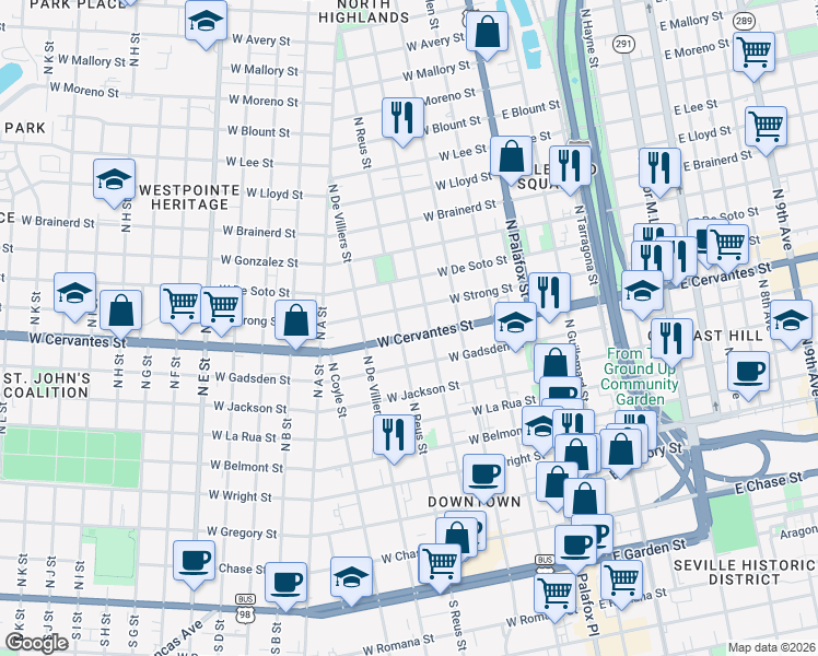 map of restaurants, bars, coffee shops, grocery stores, and more near 314 West Strong Street in Pensacola