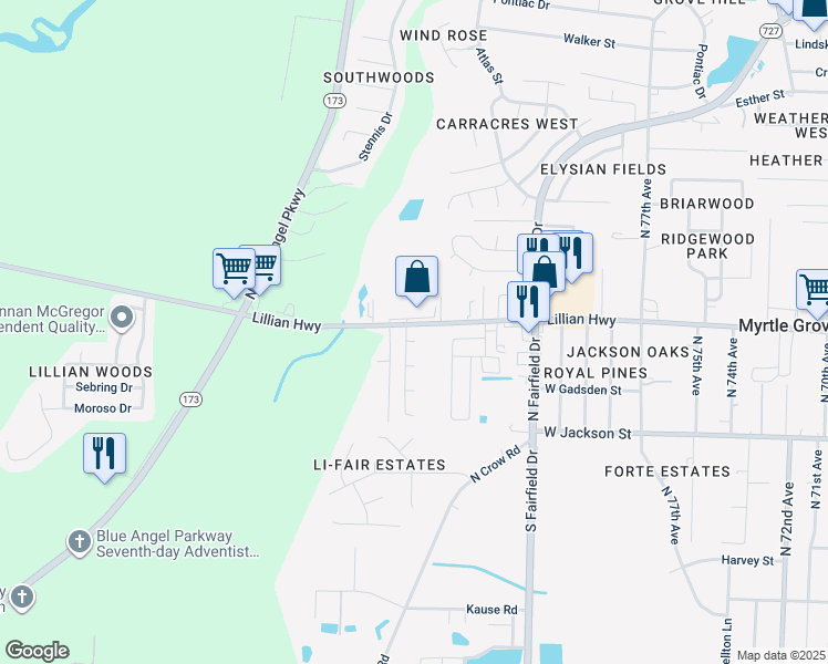 map of restaurants, bars, coffee shops, grocery stores, and more near 8282-8308 Lillian Highway in Pensacola