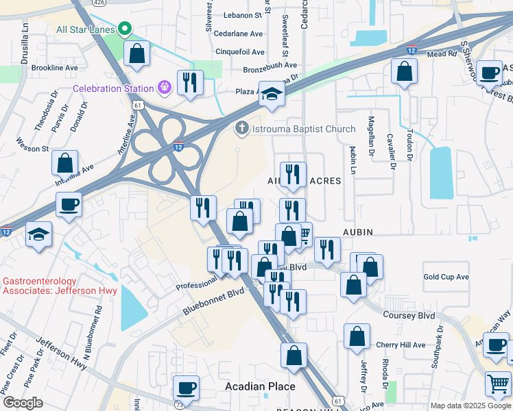 map of restaurants, bars, coffee shops, grocery stores, and more near 10285 Janice Street in Baton Rouge