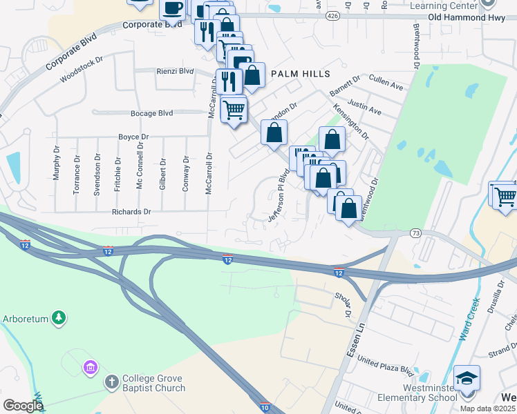 map of restaurants, bars, coffee shops, grocery stores, and more near 7543 North Jefferson Place Circle in Baton Rouge