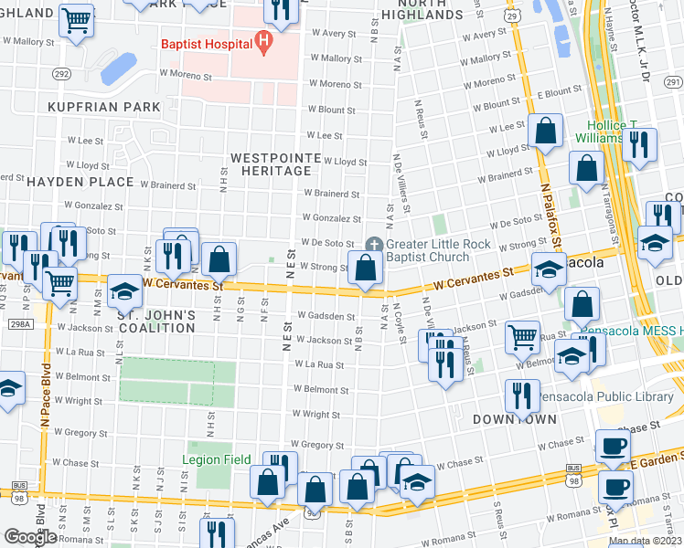 map of restaurants, bars, coffee shops, grocery stores, and more near 876 North C Street in Pensacola