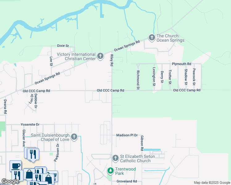 map of restaurants, bars, coffee shops, grocery stores, and more near 5422 Riley Road in Ocean Springs