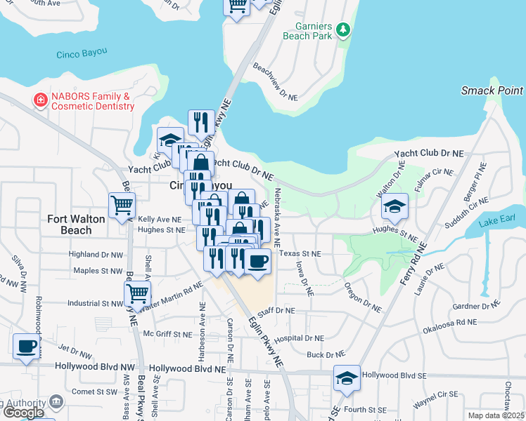 map of restaurants, bars, coffee shops, grocery stores, and more near 105 Opp Boulevard Northeast in Fort Walton Beach