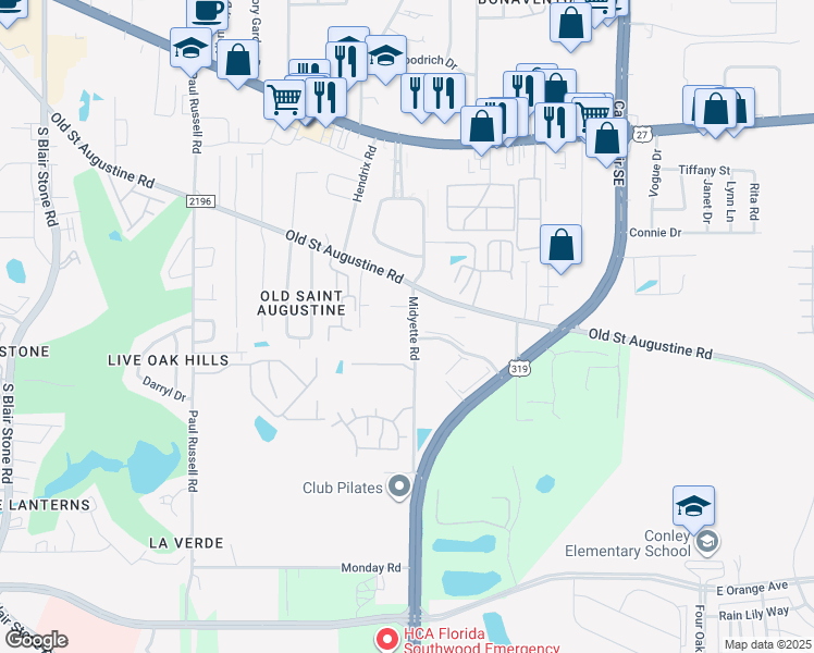 map of restaurants, bars, coffee shops, grocery stores, and more near 1974 Midyette Road in Tallahassee
