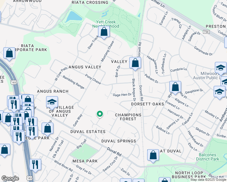 map of restaurants, bars, coffee shops, grocery stores, and more near 5001 Pony Chase in Austin